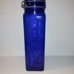 Lovely 12 in Vintage Cobalt Blue Glass Canister With Wire Hinged Lid Pasta